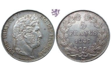 5 francs, 1847. A, Luis Philippe I