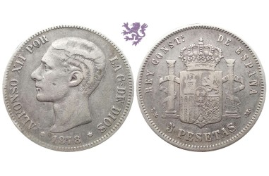 5 pesetas, 1878. Alfonso XII