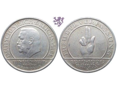 5 Reichsmark, 1929. Hindenburg Weimar Constitution
