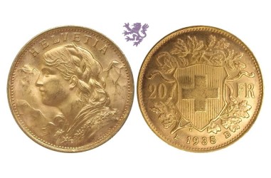 20 swiss francs, 1935. Helvetia