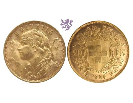 20 swiss francs, 1935. Helvetia