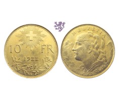 10 Switzerland franks, 1922. Helvetia