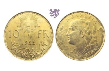 10 Switzerland franks, 1922. Helvetia