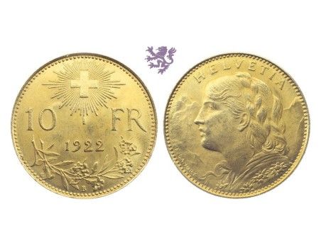 10 Switzerland franks, 1922. Helvetia