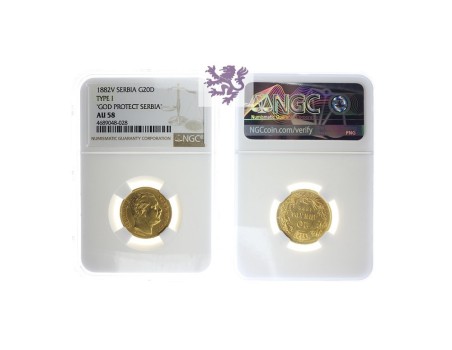 20 dinara, 1882. Milan I, NGC AU58