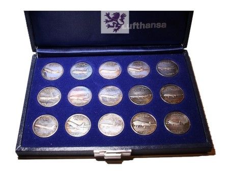 Lufthansa Airlines full set 15 Silver coins of aircraft fleet 1955-1983